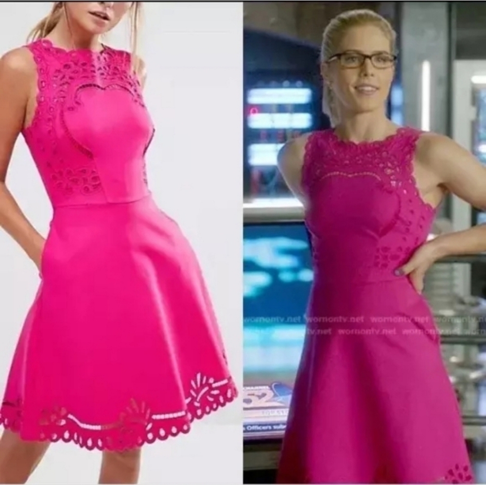Ted Baker Hot Pink Laser-Cut Fit & Flare Mini Dress